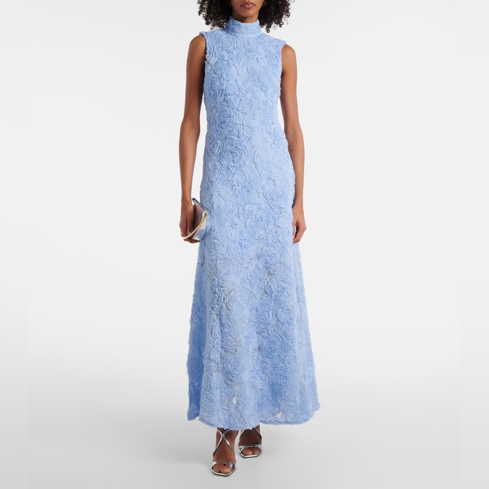 ROTATE Floral blue embroidered mesh maxi dress